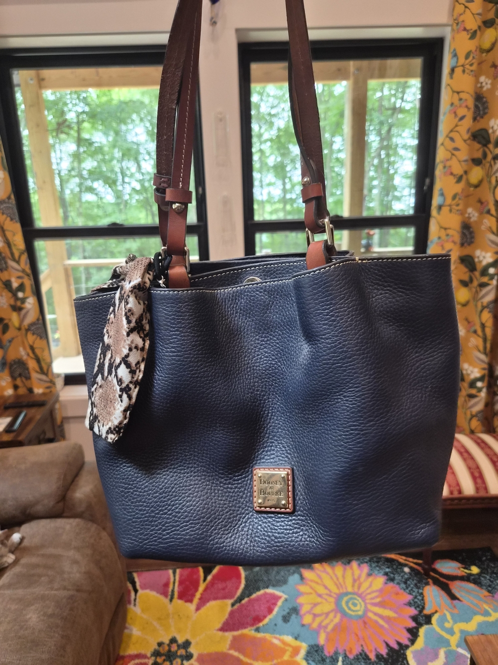 Dooney & Bourke Navy Leather Tote with Brown Handles